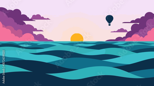 Serene ocean landscape with hot air balloon at sunset.