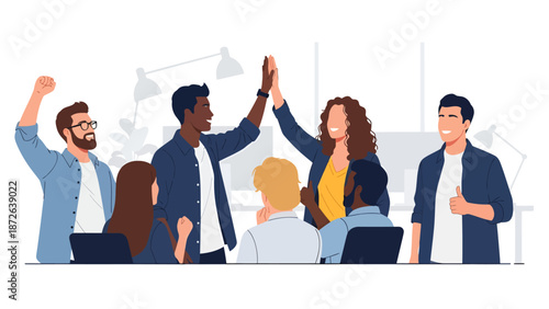 Diverse business team celebrating success in office with high five, thumbs up and cheers. Flat vector illustration of multicultural colleagues achieving goals.