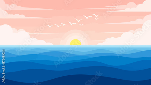 Serene seascape with birds flying towards the sunrise.