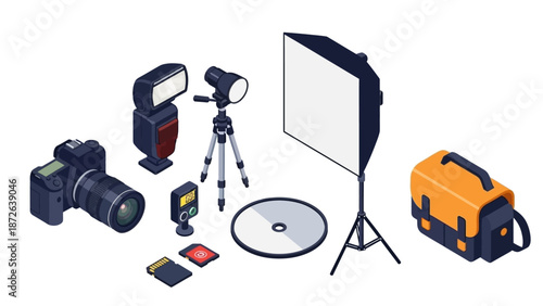 Photography equipment collection with camera and accessories.