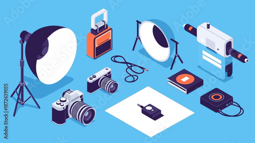 Photography equipment and accessories on a blue background.