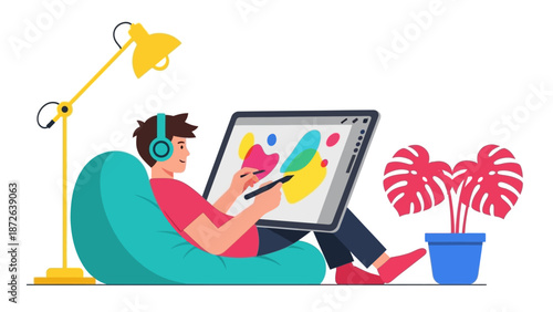 Relaxed artist working on digital art on a tablet at home.