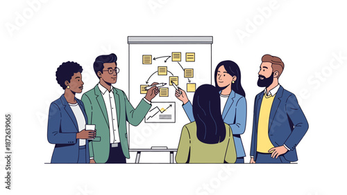 Diverse professional business team collaborating on project strategy around a whiteboard flowchart vector illustration for corporate planning and management.