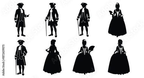 Silhouettes of figures in eighteenth century attire depicting historical fashion and societal roles