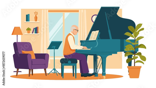 Elderly man playing grand piano in a cozy living room with furniture and plants.