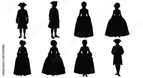 Silhouettes of figures in eighteenth century attire showcasing historical fashion and elegant period costumes