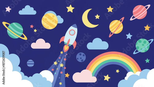 Colorful cartoon rocket ship launching into the starry night sky with planets and rainbow.