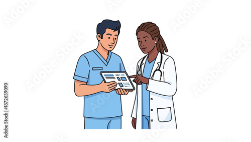 Multiethnic Healthcare Team of Male Nurse and Female Doctor Reviewing Digital Medical Records on a Tablet Computer, Modern Vector Illustration on White Background.