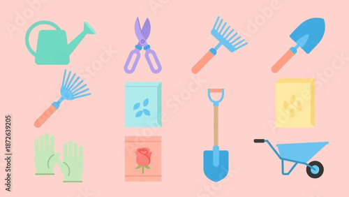 Gardening tools and accessories arranged in a grid on a soft pink background.