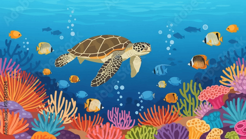 Vibrant underwater scene with sea turtle and colorful coral reef.