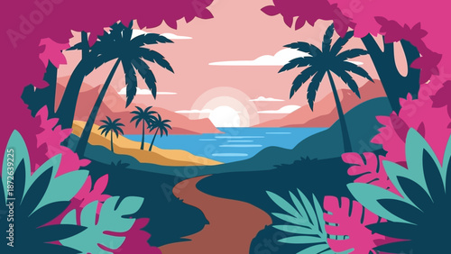 Tropical beach landscape with palm trees and pathway at sunset.