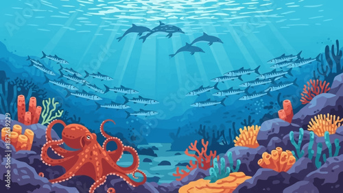 Underwater Scene with Dolphins and Marine Life.