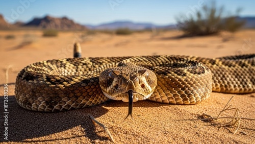 Close-up of a rattlesnake on sand, displaying its head and forked tongue in a desert landscape