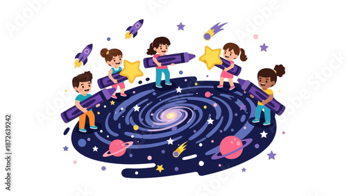 Diverse children exploring the universe together.
