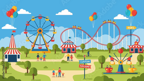 Vibrant Amusement Park Scene with Ferris Wheel and Roller Coaster.