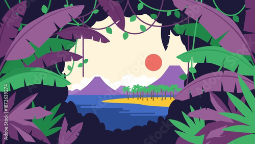 Tropical Island Landscape with Jungle Foliage and Sunset.