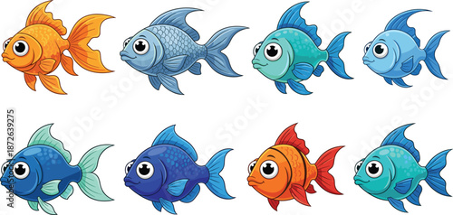 Cute colorful cartoon fish characters set with big eyes isolated on white background flat vector illustration