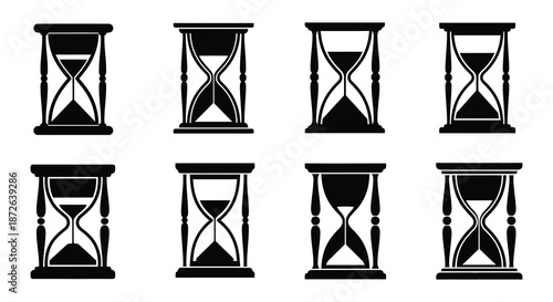 A collection of hourglasses in varying stages of sand depletion illustrating the passage of time
