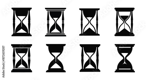 A collection of black hourglasses depicting the passage of time in various states of depletion
