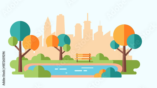 Serene Park Scene with City Skyline and Bench by the Pond.