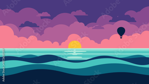 Serene seascape with hot air balloon at sunset with vibrant clouds.