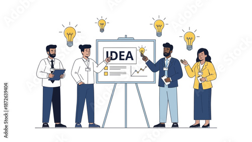 Team Collaboration Brainstorming New Ideas with Lightbulbs and Presentation Board