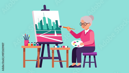 Elderly woman creating a vibrant cityscape painting on canvas.