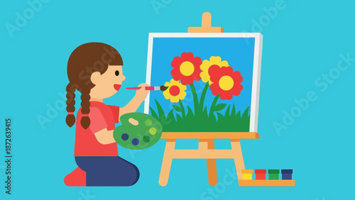 Young girl painting flowers on canvas with vibrant colors.