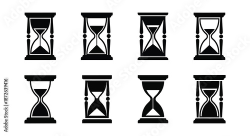 A collection of black and white hourglasses depicting the concept of time and its passage
