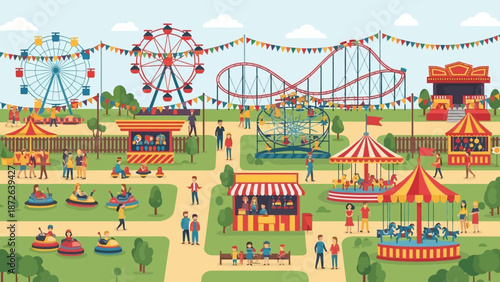 Vibrant amusement park scene with various attractions and activities.