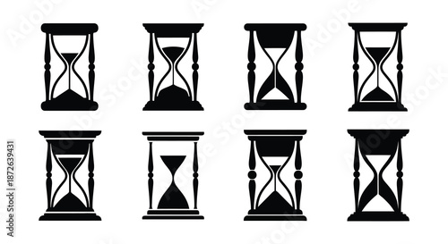 A collection of hourglasses in varying stages of sand flow depicting the passage of time