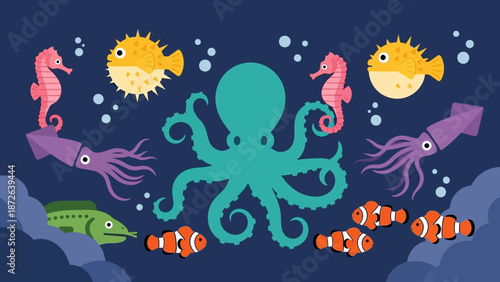 Colorful cartoon octopus surrounded by various sea creatures underwater.