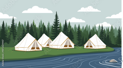 Luxury glamping tents beside river in pine forest nature landscape illustration vector design for outdoor travel camping adventure background