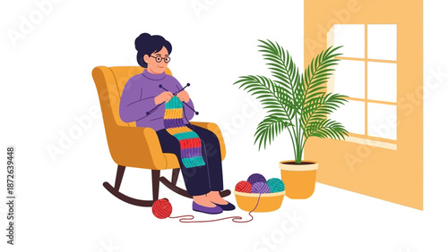 Woman Knitting in a Cozy Armchair with Yarn and Plants Nearby.