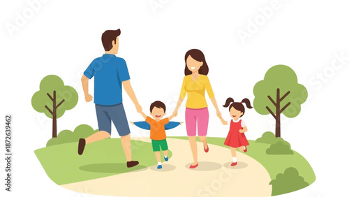 Happy family walking together on a path in the park.