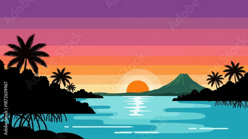 Tropical island landscape with vibrant sunset over calm waters.