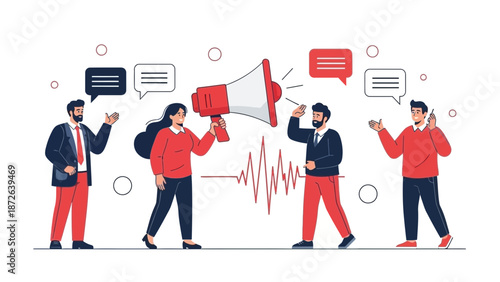 Business meeting with megaphone and speech bubbles for communication concept