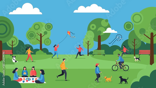 People enjoying a sunny day in the park with outdoor activities.