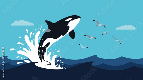 Orca whale jumping out of the ocean with birds flying above.