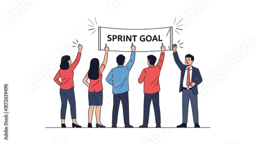 Teamwork goal achievement, business success, holding banner sprint goal
