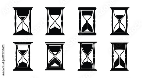 An arrangement of various hourglasses in black and white displaying different sand levels
