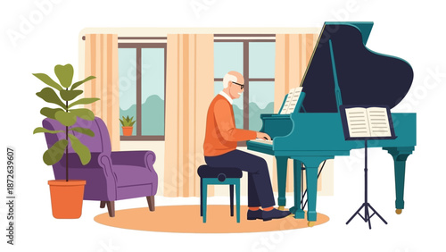 Elderly man playing grand piano in a cozy living room.
