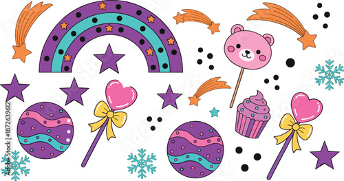 Cute fantasy sweets and magical elements set with rainbow, stars, lollipops, candy, and cupcakes in playful flat vector illustration
