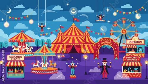 Vibrant Cartoon Circus Scene with Tents and Attractions.