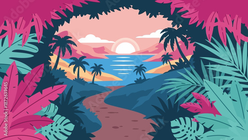 Tropical beach scene with palm trees and vibrant foliage at sunset.
