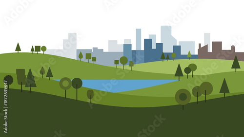 Serene landscape with city skyline in the background.