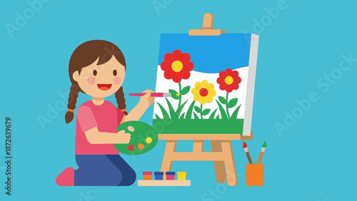 Young girl painting flowers on an easel with vibrant colors.