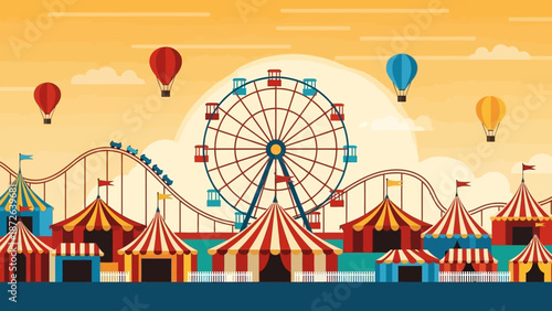 Vibrant carnival scene with Ferris wheel and colorful tents.