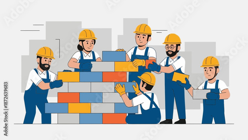 Diverse construction team building brick wall, teamwork and collaboration concept