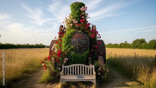 Vintage Steam Engine Covered in Roses and Greenery in a Summer Meadow